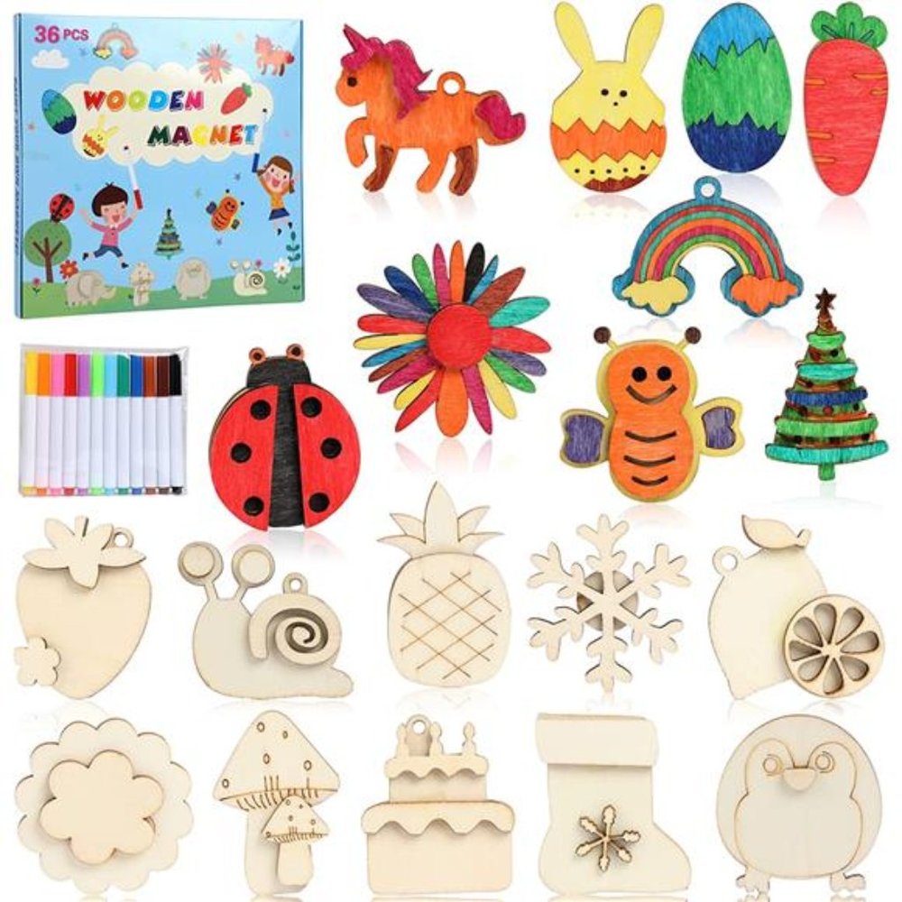 DIY Wooden Magnets, 36 Wooden Art Craft for Kids, Art and Craft Supplies Party